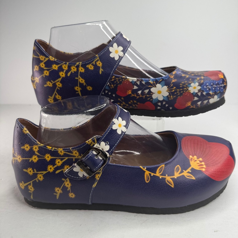 Goby Floral Mary Jane Flats Navy Blue Mismatched Garden Print Vegan Shoes EU 40